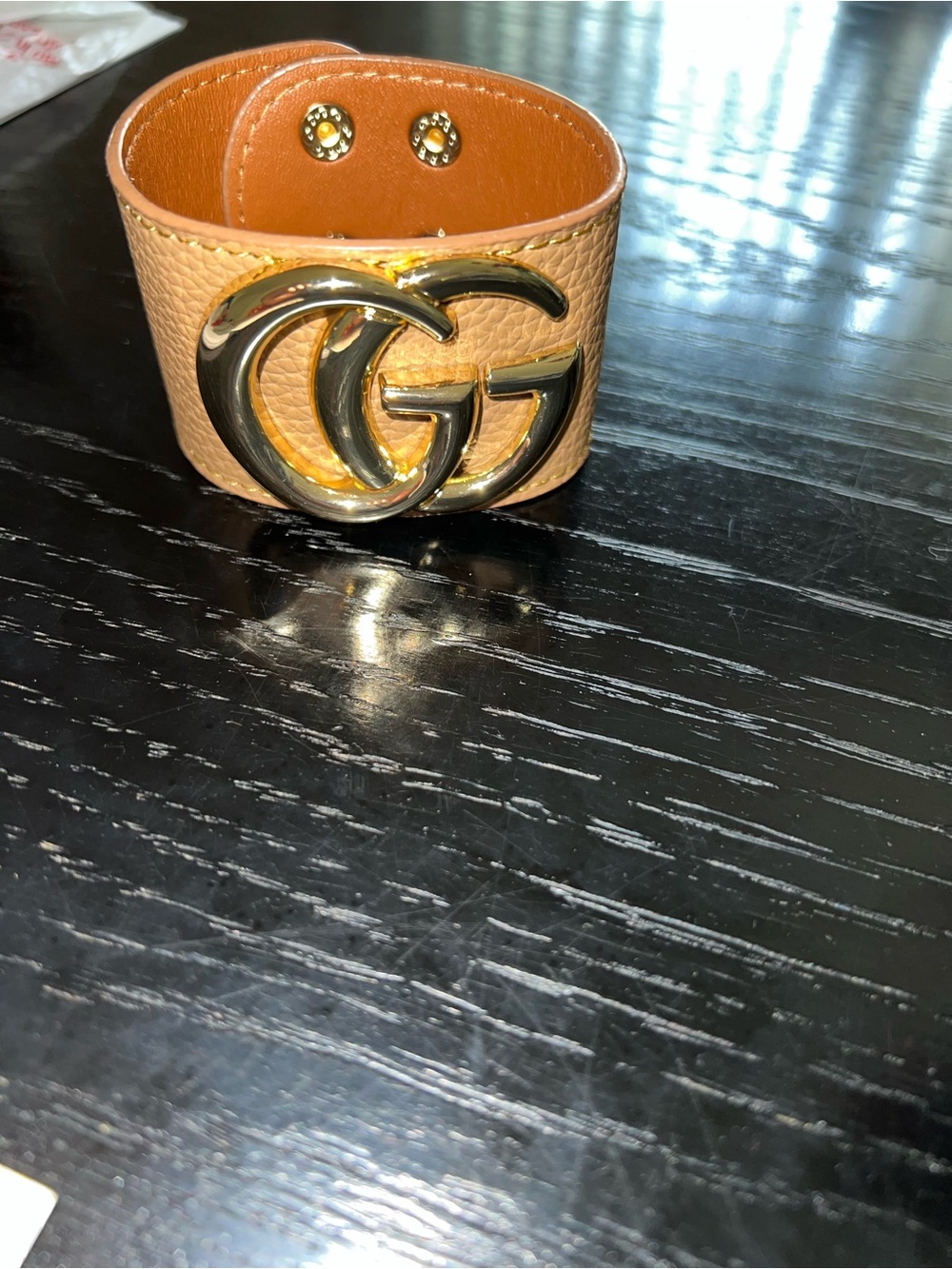 Tan Leather Double G Logo Cuff Bracelet